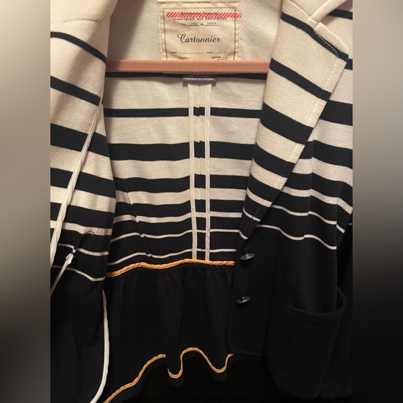 Anthropologie Cartonnier Navy & Cream Stripe Knit Blazer - pockets & Peplum Back - Picture 5 of 6